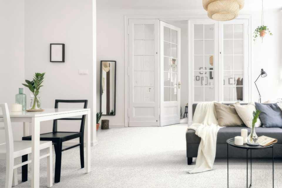 patterned white carpet in modern living room with greenery